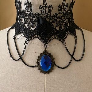 Victorian Lace Chocker Black with Hanging Blue Pendant